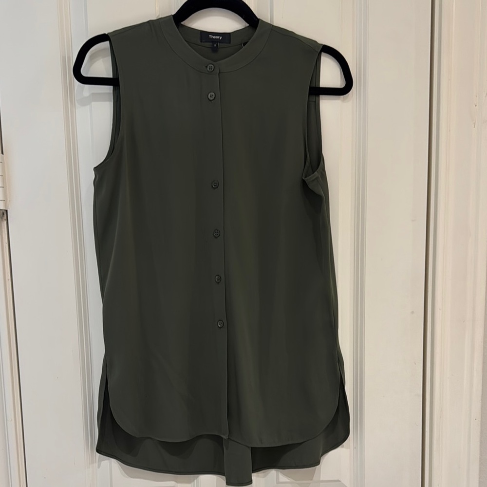 Theory Green Button Down Tunic with Mandarin Collar